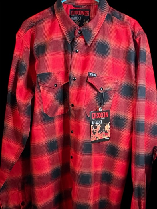 Dixxon Men's XLT Medium Metallica Load Plaid Flannel Button-Up Shirt Red Black - Picture 9 of 10